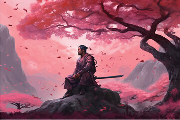 A samurai sitting under the pink tree. Generative AI
