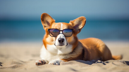  Corgi dog sitting on a sunbed, wearing sunglasses