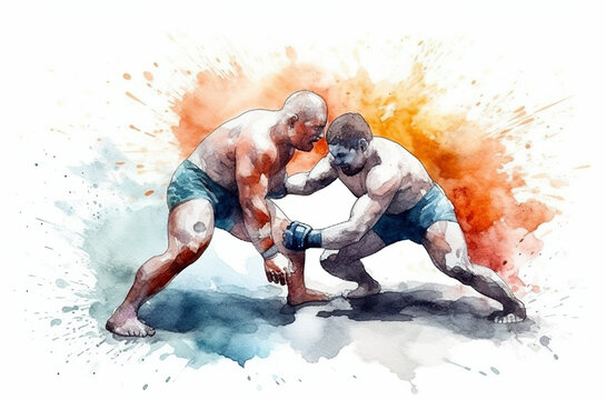 Watercolor abstract representation of wrestling.Wrestling player in action during colorful paint splash, isolated on white background. AI generated illustration.