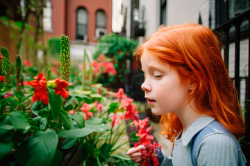Naklejka premium Red head girl observing red flowers in street. generative ai