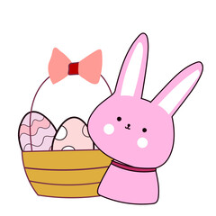 Happy Easter element set of funny rabbit animals, eggs and floral decoration in cute cartoon style. Flat hand drawn icon