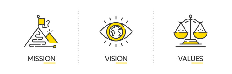 Obraz premium Mission, vision and values of business company. Target goal, global view and scales icons. Success template. Mission purpose flag, leader global vision and core value. Infographic concept. Vector