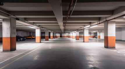 Empty shopping mall underground parking lot or garage interior with concrete stripe painted columns. Generative Ai