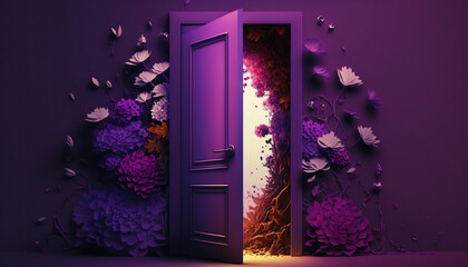 Purple door with beautiful volumetric flowers on wall. Naturalistic concept. Generative AI