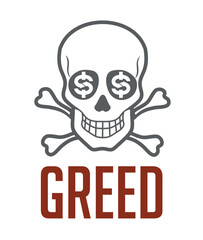 The concept of human greed - the symbol of the skull with dollar marks in the eye sockets - financial crisis