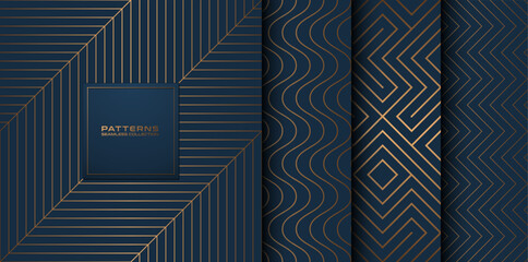 Collection of seamless geometric golden blue minimalistic patterns. Simple vector graphic navy blue color print background. Gold line abstract texture set. Stylish trellis geometry web page fill - 587062940
