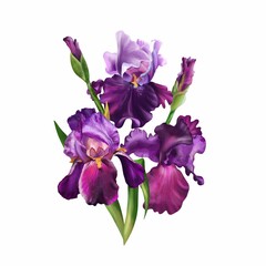 Bouquet of watercolor irises on a white background.