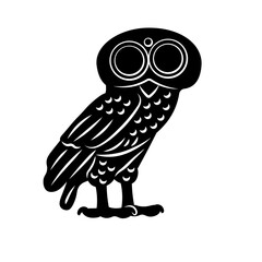 Owl of Athena. Ancient greek coin replica. Wisdom, knowledge, change, transformation, intuitive development. Isolated vector illustration. Silhouette, symbol, icon, tattoo.