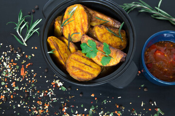 Dish of grilled potatoes with rosemary and spicy sauce. A plate with hot potatoes on a black background sprinkled with spices.