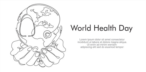 World health day.Single continuous line of hands holding  the globe and stethoscope . Earth globe in human hands.