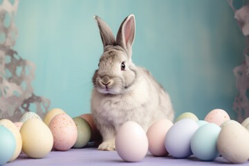 Fototapeta premium Adorable Easter Bunny with Pastel Eggs on Unicolored Background