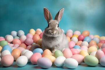 Adorable Easter Bunny with Pastel Eggs on Unicolored Background