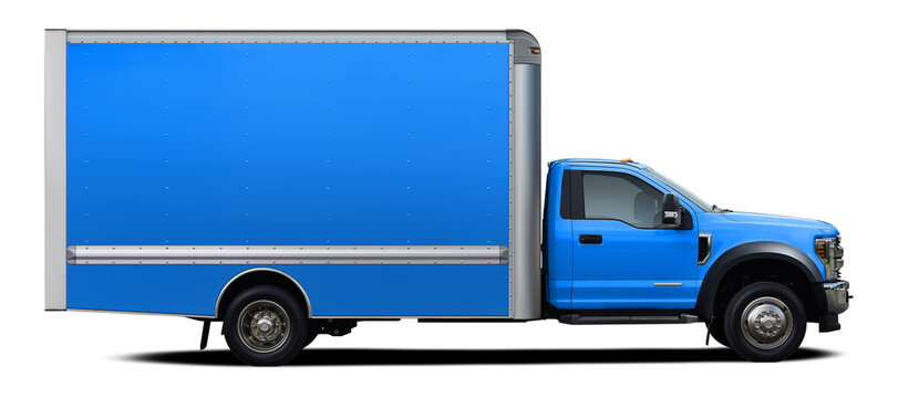Modern american full blue color delivery truck side view isolated on white background.