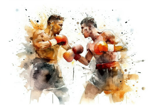 Watercolor abstract representation of boxing. Boxing players in action during colorful paint splash, isolated on white background. AI generated illustration.