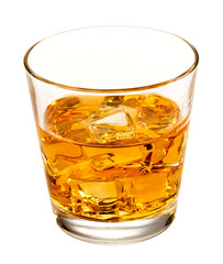 Glass of whiskey or whisky or bourbon or scotch, with ice cubes, closeup isolated