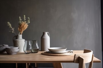 Stylish grey interior of dining room with design wooden table and vase with flowers