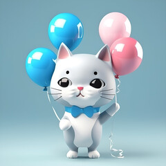 A cute little grey cat is holding balloons on a pastel blue background. Birthday card. AI generated content.
