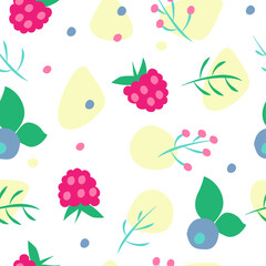 pattern with berries, raspberries and blueberries and abstract elements on a white background