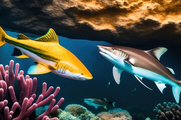 A flock of tropical fish and Sharks   in a coral reef. Life in the coral reef underwater. Wildlife concept of ecological environment. Generative AI