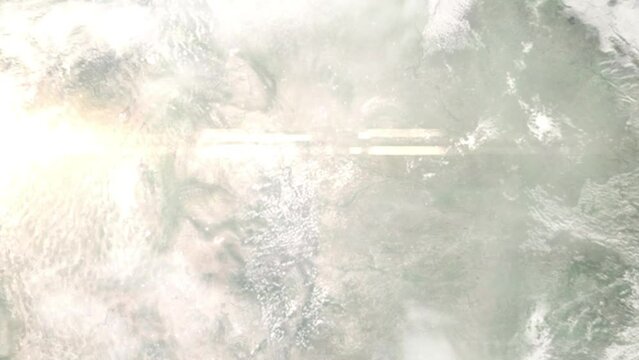Earth zoom in from outer space to city. Zooming on Cheyenne, Wyoming, USA. The animation continues by zoom out through clouds and atmosphere into space. Images from NASA