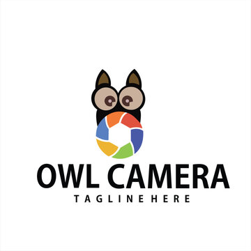 a camera logo with an owl illustration