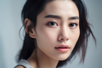 Obraz premium Beautiful young Asian woman with clean fresh skin isolated on white background, Face care, Facial treatment, Cosmetology, beauty and spa, Asian women portrait generative ai