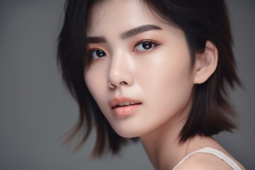 Fototapeta premium Beautiful young Asian woman with clean fresh skin isolated on white background, Face care, Facial treatment, Cosmetology, beauty and spa, Asian women portrait generative ai