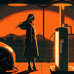 sunset dans une station de recharge de véhicule électrique - IA générative	