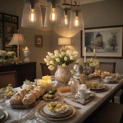 A sophisticated Easter brunch setup, bathed in soft accent lighting to create an elegant and inviting atmosphere.