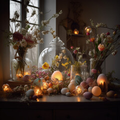 An ethereal Easter display, perfectly illuminated by accent lighting and captured in stunning detail