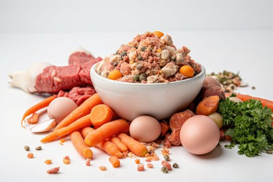 Natural Dog paws and raw organic dog food on a white backdrop. Canine BARF diet. eggs, vegetables, and raw meat. Generative AI