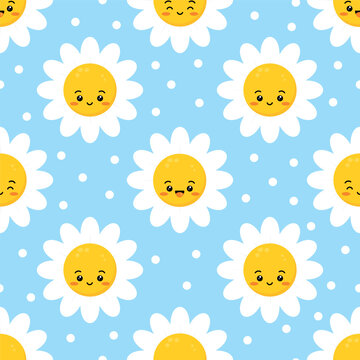 Daisy flower cute smile face seamless pattern. Chamomile fun emoji happy cute character vector illustration. Kids camomile plant emoticon endless print. 