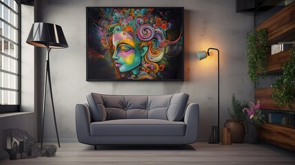 sofa with vibrant and eye-catching art on simple plain wall background - ideal for real estate photography and interior design. generative ai