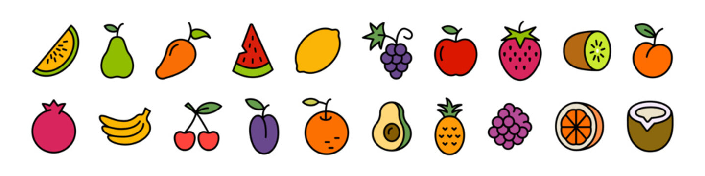 Fruit icon set. Flat outline style fruit set