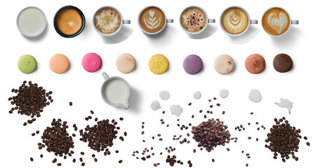 Top view coffee cups collection, assortment of coffee cups isolated on transparent background