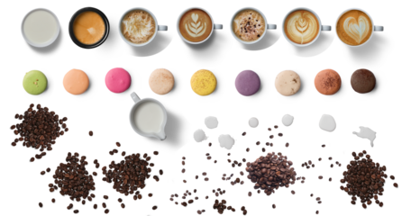 Top view coffee cups collection, assortment of coffee cups isolated on transparent background