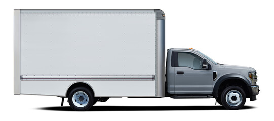 Modern american delivery truck with gray cab side view isolated on white background.