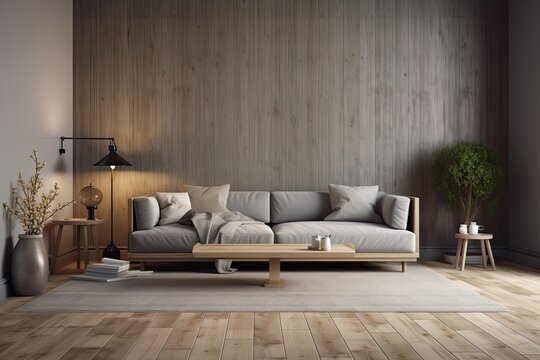 living room's interior sofa is gray, and there is a wood floor and a wooden wall in the backdrop. Generative AI