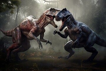Fototapeta na wymiar Dinosaur Battle - Ferocious Carnivores Fighting in Prehistoric Times