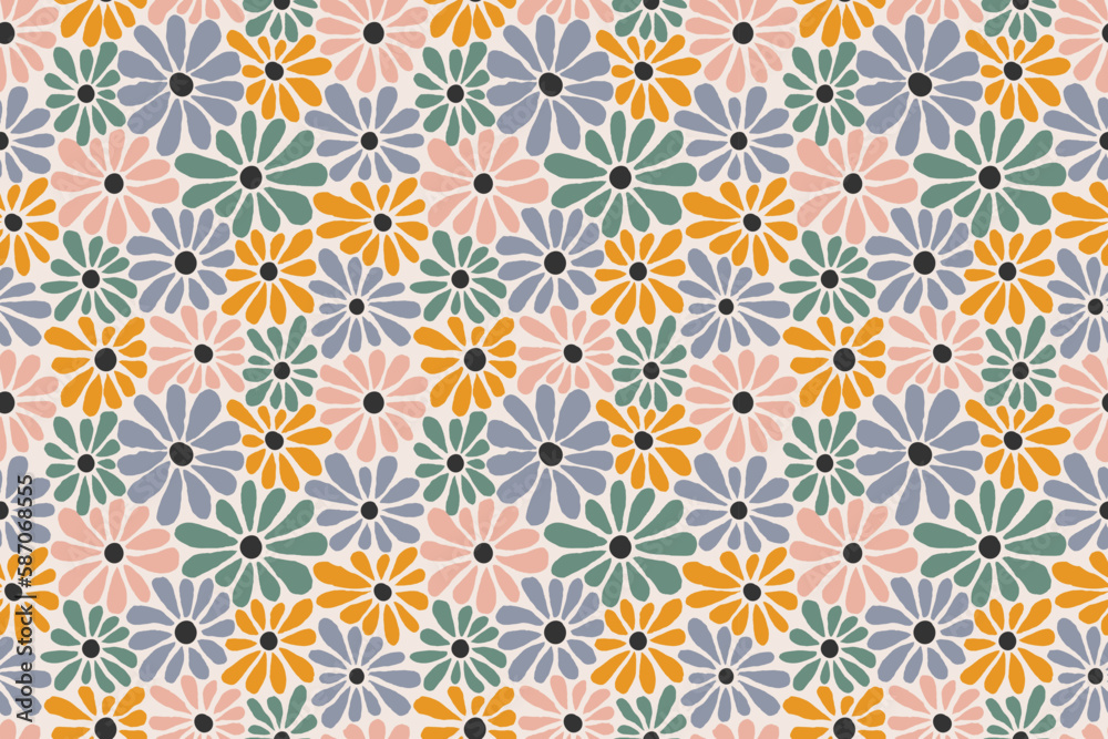 Poster retro seamless pattern with daisy flowers. floral background in retro hippy groovy style of 1970. ve