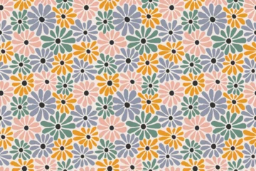 Schilderijen op glas Retro Seamless Pattern with Daisy Flowers. Floral Background in Retro Hippy Groovy Style of 1970. Vector Camomile Flower Summer Illustration in Pastel Colors © Briddy