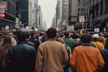 Obraz premium Group of people protesting and holding abstract signs, giving slogans in a rally. Group of demonstrators protesting in the city. Generative Ai.