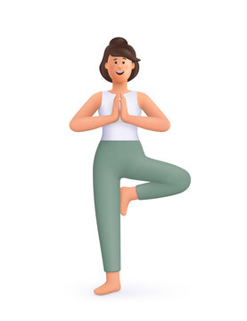 Young smiling woman doing yoga tree pose vrksasana, standing on one leg. Yoga, meditation and sport concept. 3d vector people character illustration. Cartoon minimal style.