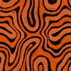 Tiger pattern. Hand drawn wavy seamless pattern. 70s style swirl texture painted with chalk. orange and black curved stripes. Grunge effect. Pattern with tribal ethnic shapes