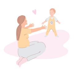 Baby taking first steps. Illustration of toddler boy try to walking. Mom rejoices at the first steps of her little son. Mother's day. Concept of family, motherhood