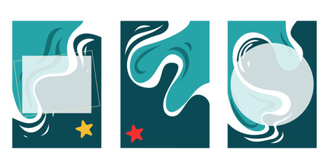 Small vector cards for wishes, notes, names. Postcard templates in nautical style, waves, blue breeze, starfish.