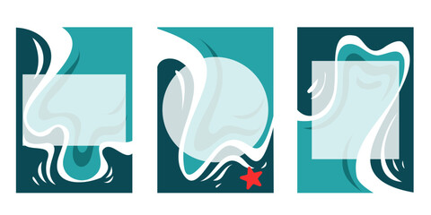 Small vector cards for wishes, notes, names. Postcard templates in nautical style, waves, blue breeze, starfish.