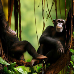 Monkeys on the brach in a jungle with lianas , Generative AI , Generative , AI 