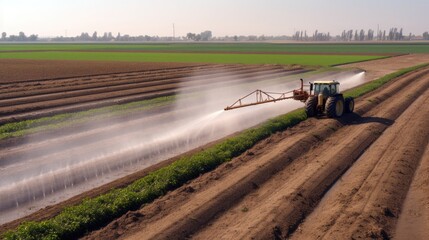 Social issues. Heavy use of pesticides, chemicals in agriculture, showing the impact on nearby waterways or soil quality. Generative ai.