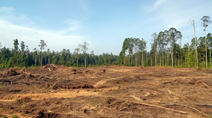 Social issues. Cutting of trees, showing the stark contrast between the lush forest and the barren ground left behind. Generative ai.